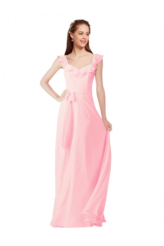 Mejores Rosa línea A Cuello en V Gasa Largo Vestidos de dama de honor