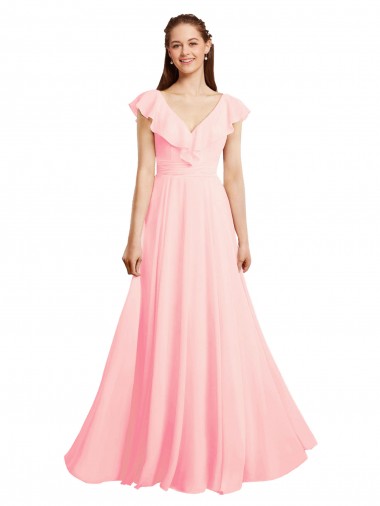 Mejores Rosa línea A Cuello en V Gasa Largo Vestidos de dama de honor