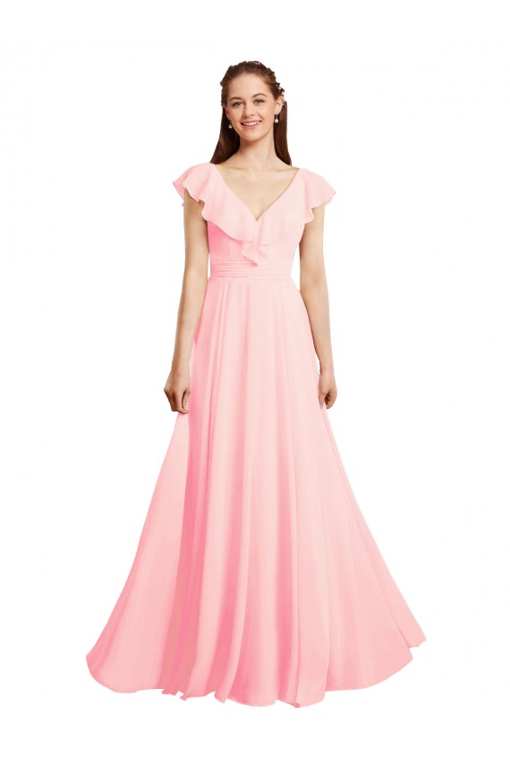 Mejores Rosa línea A Cuello en V Gasa Largo Vestidos de dama de honor