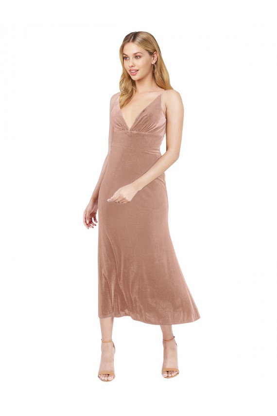 Mejores Rosa línea A Cuello en V Midi Terciopelo Elástico Corto Vestidos de dama de honor / Vestidos de fiesta / Vestidos de cóctel