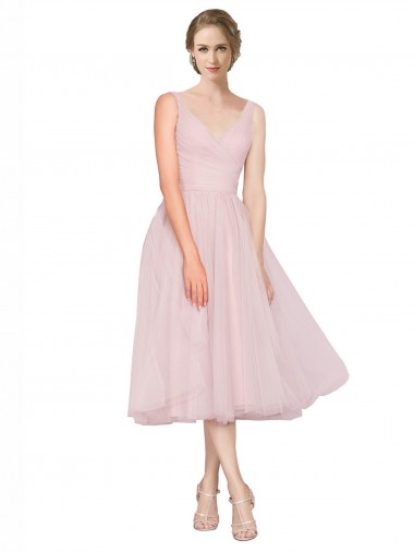 Mejores Rosa línea A Cuello en V Tul Corto Vestidos de dama de honor / Vestidos de cóctel / Vestidos para homecoming