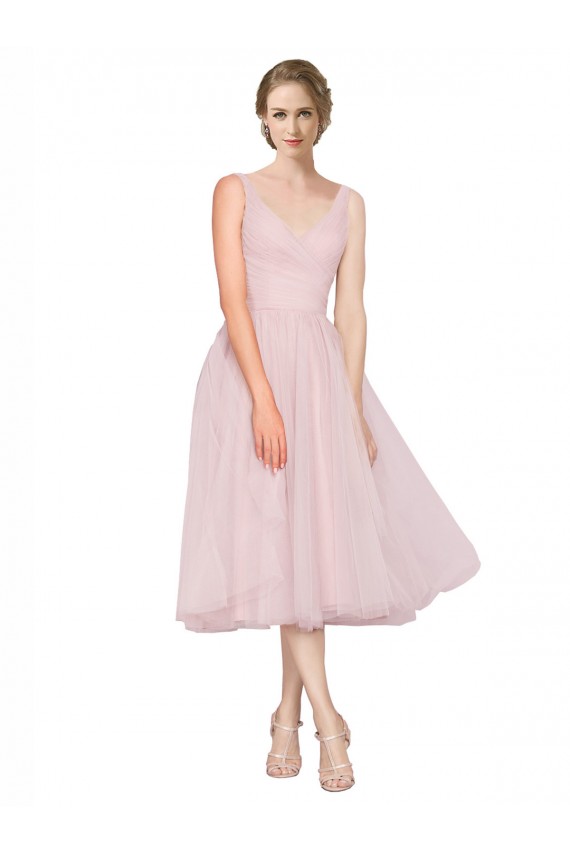 Mejores Rosa línea A Cuello en V Tul Corto Vestidos de dama de honor / Vestidos de cóctel / Vestidos para homecoming