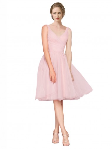 Mejores Rosa línea A Cuello en V Tul Corto Vestidos de dama de honor / Vestidos de cóctel / Vestidos para homecoming
