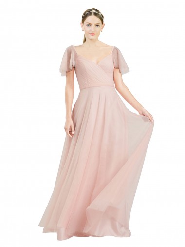 Mejores Rosa línea A Cuello en V Tul Largo Vestidos de dama de honor