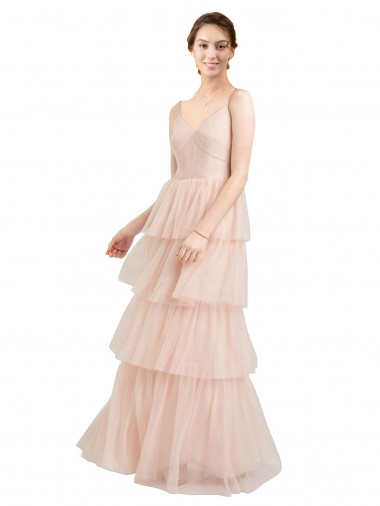 Mejores Rosa línea A Cuello en V Tul Largo Vestidos de dama de honor