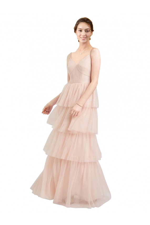 Mejores Rosa línea A Cuello en V Tul Largo Vestidos de dama de honor