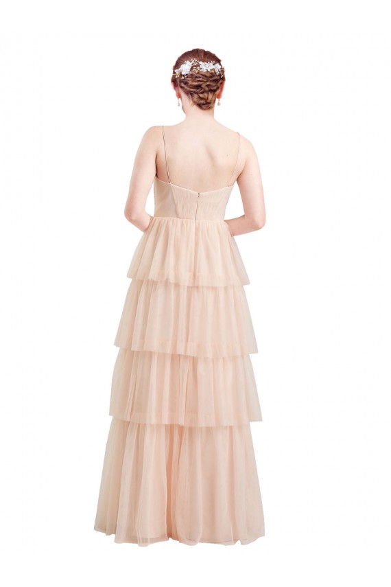 Mejores Rosa línea A Cuello en V Tul Largo Vestidos de dama de honor