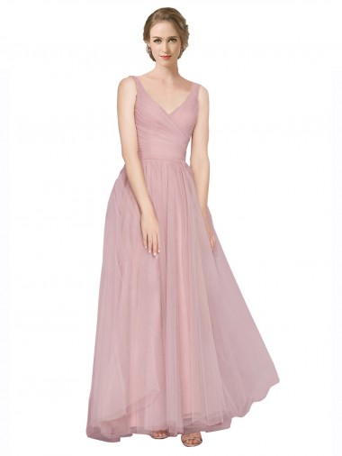 Mejores Rosa línea A Cuello en V Tul Largo Vestidos de dama de honor