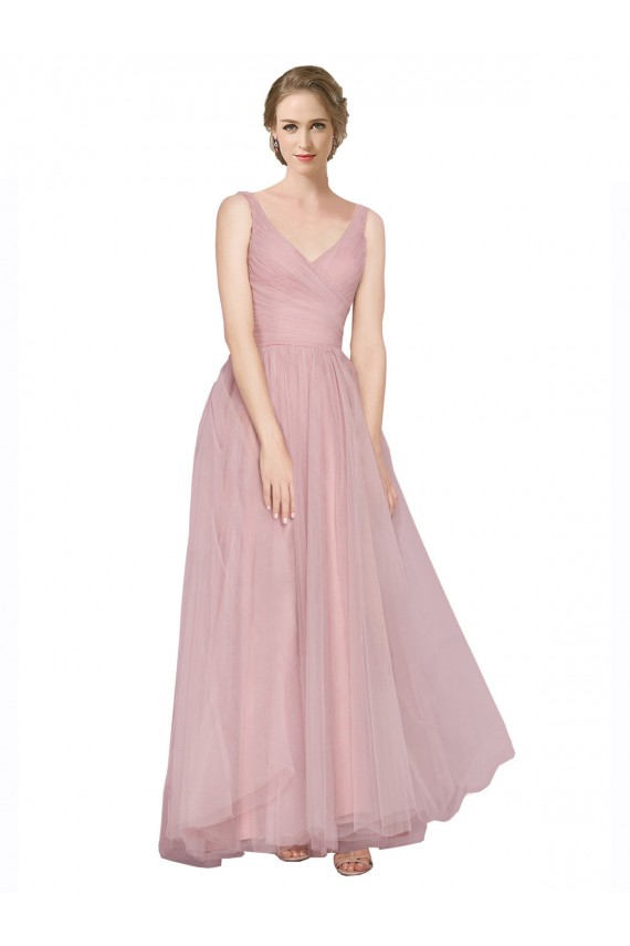 Mejores Rosa línea A Cuello en V Tul Largo Vestidos de dama de honor