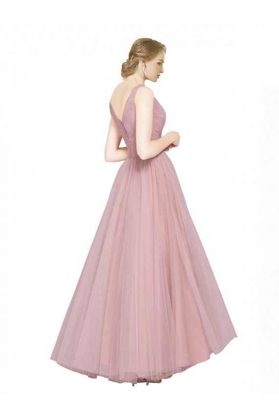 Mejores Rosa línea A Cuello en V Tul Largo Vestidos de dama de honor