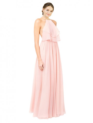 Mejores Rosa línea A Halter Gasa Largo Vestidos de dama de honor
