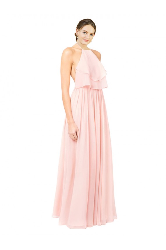 Mejores Rosa línea A Halter Gasa Largo Vestidos de dama de honor