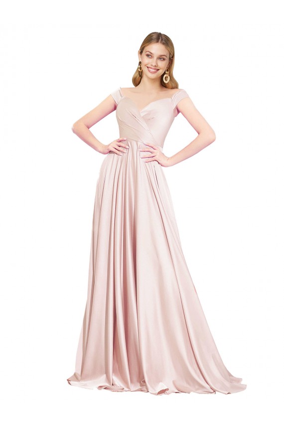 Mejores Rosa línea A Hombros Descubiertos Satén Largo Formales Vestidos de dama de honor / Vestidos de fiesta