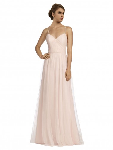 Mejores Rosa línea A Tirantes espagueti Tul Largo Vestidos de dama de honor