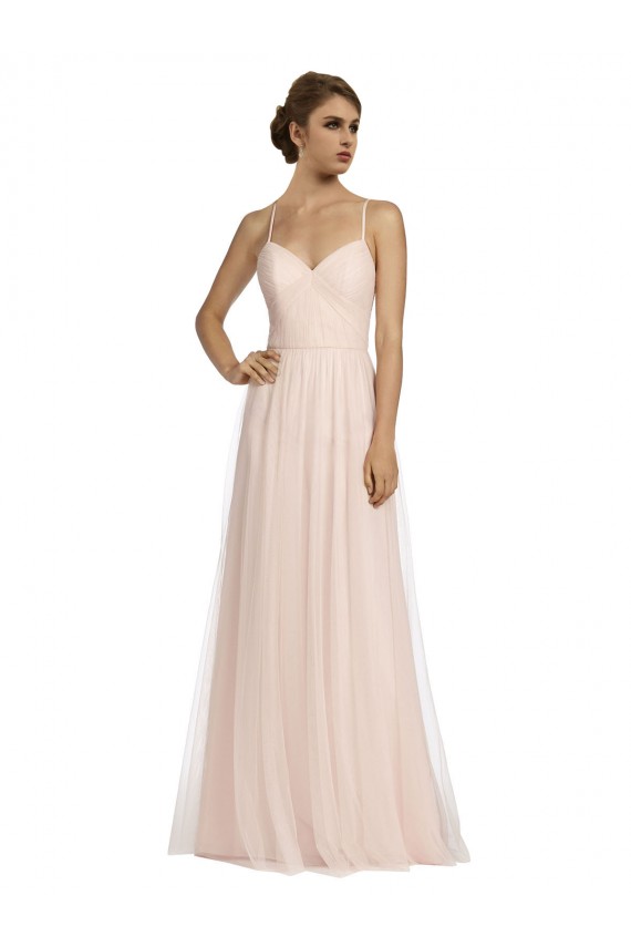 Mejores Rosa línea A Tirantes espagueti Tul Largo Vestidos de dama de honor