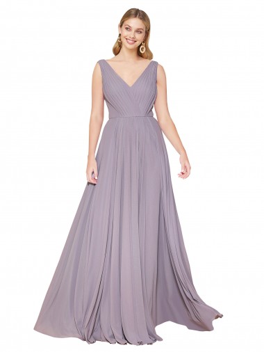 Mejores Rosa polvorienta línea A Cuello en V Cuello Alto Gasa Largo Formales Vestidos de dama de honor / Vestidos de fiesta