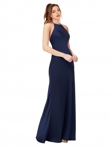 Mejores Sapphire Cubierta Cuello Alto Satén sedoso Largo Formales Vestidos de dama de honor / Vestidos de fiesta