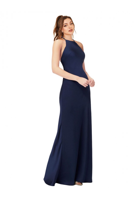 Mejores Sapphire Cubierta Cuello Alto Satén sedoso Largo Formales Vestidos de dama de honor / Vestidos de fiesta
