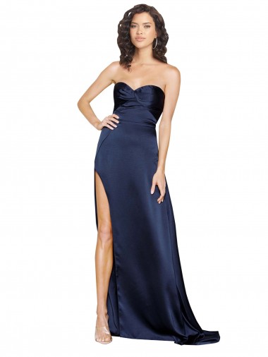 Mejores Sapphire línea A Cuello Alto Satén sedoso Largo Formales Vestidos de dama de honor / Vestidos de fiesta