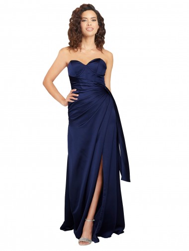 Mejores Sapphire línea A Cuello de Corazón Sin tirantes Satén sedoso Largo Formales Vestidos de dama de honor / Vestidos de fiesta