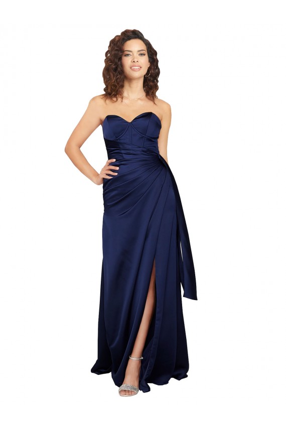 Mejores Sapphire línea A Cuello de Corazón Sin tirantes Satén sedoso Largo Formales Vestidos de dama de honor / Vestidos de fiesta