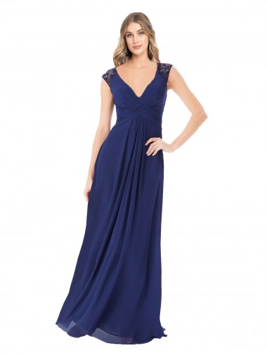 Mejores Sapphire línea A Cuello en V Gasa Largo Vestidos de dama de honor