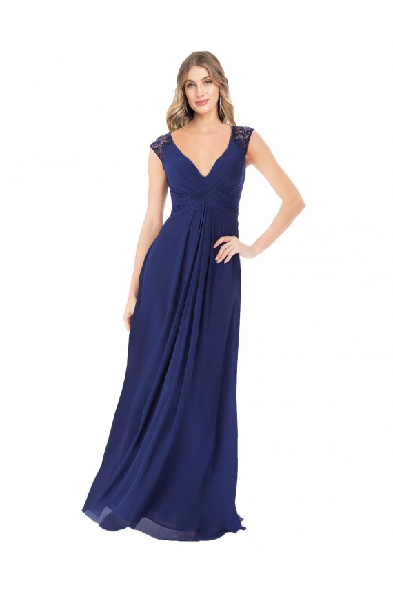 Mejores Sapphire línea A Cuello en V Gasa Largo Vestidos de dama de honor