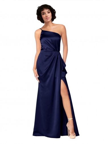 Mejores Sapphire línea A Un Hombre Satén sedoso Largo Formales Vestidos de dama de honor / Vestidos de fiesta
