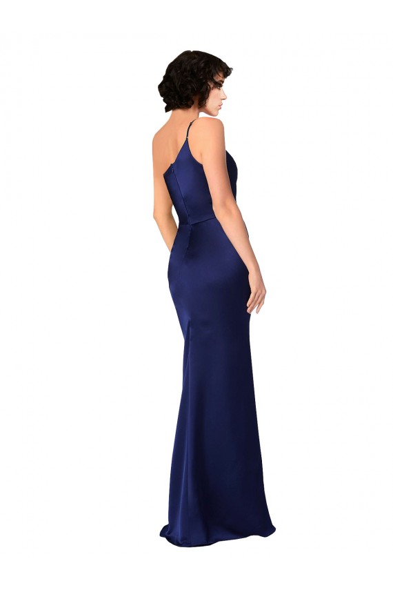 Mejores Sapphire línea A Un Hombre Satén sedoso Largo Formales Vestidos de dama de honor / Vestidos de fiesta