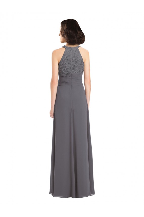 Mejores Stormy Silver línea A Halter Gasa Encaje Largo Vestidos de dama de honor