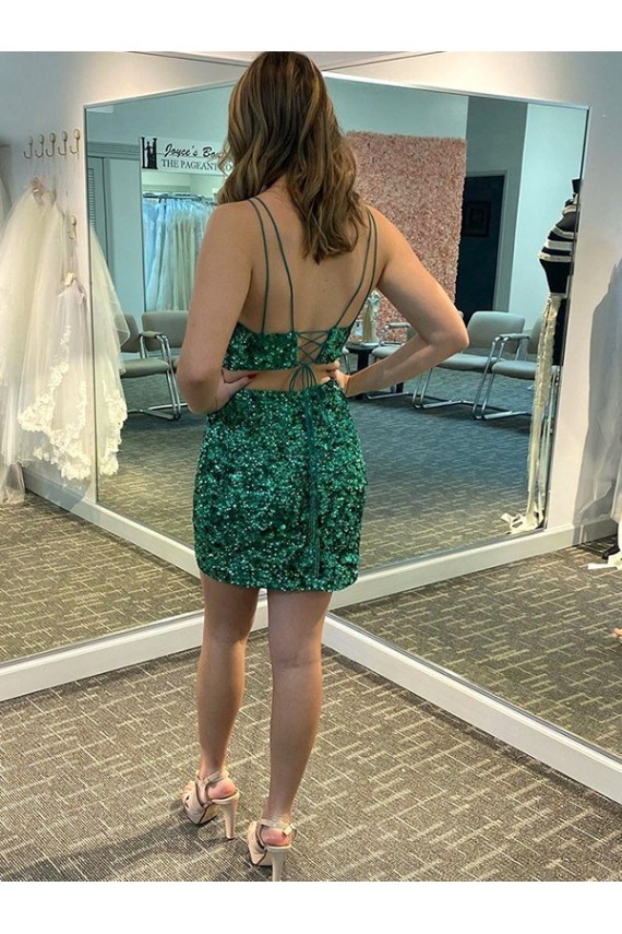 Mejores Trébol Verde Cubierta Cuello en V Corto Lentejuelas Terciopelo Corto Vestidos de fiesta