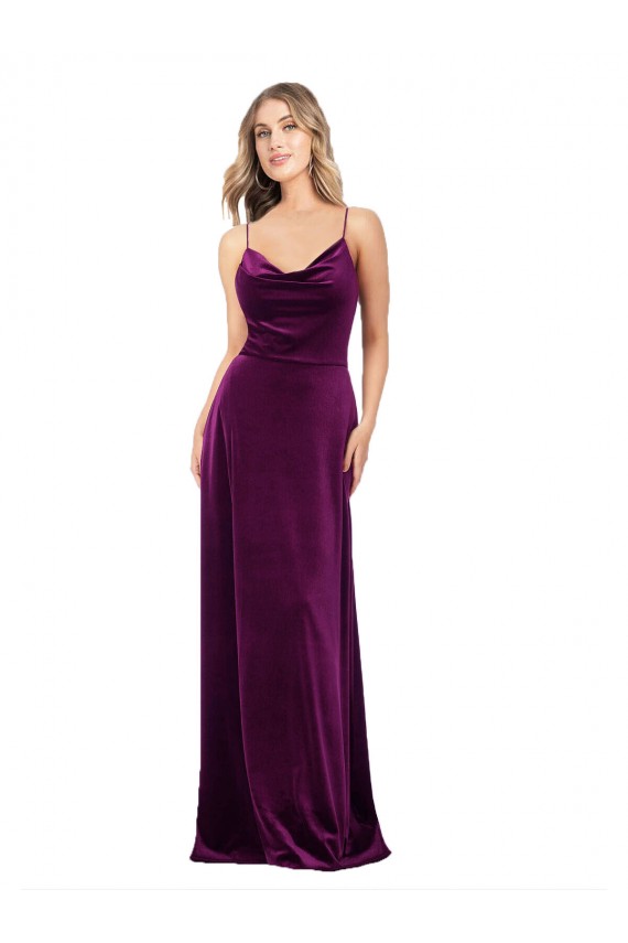 Mejores Uva línea A Cucharón Cuello en V Terciopelo Elástico Largo Formales Vestidos de dama de honor / Vestidos de fiesta