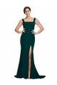 Mejores Verde Midnight Cubierta Cuadrado Barrer tren Crepé Elástico Largo Vestidos de dama de honor / Vestidos de fiesta