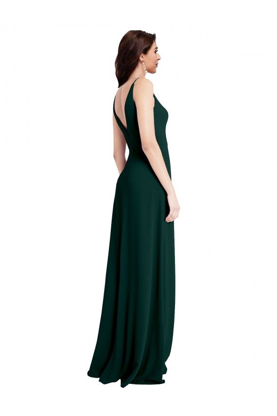 Mejores Verde Midnight línea A Cuello en V Crepé Elástico Largo Formales Vestidos de dama de honor / Vestidos de fiesta