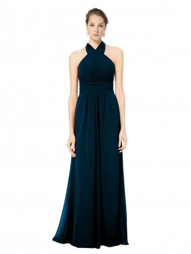 Mejores Verde Midnight línea A Halter Gasa Largo Vestidos de dama de honor