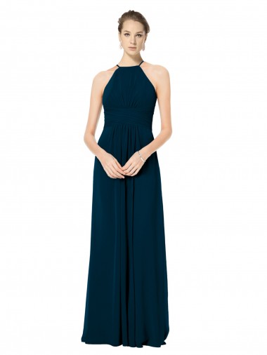 Mejores Verde Midnight línea A Tirantes espagueti Halter Gasa Largo Vestidos de dama de honor