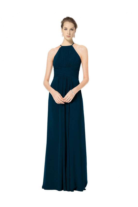 Mejores Verde Midnight línea A Tirantes espagueti Halter Gasa Largo Vestidos de dama de honor