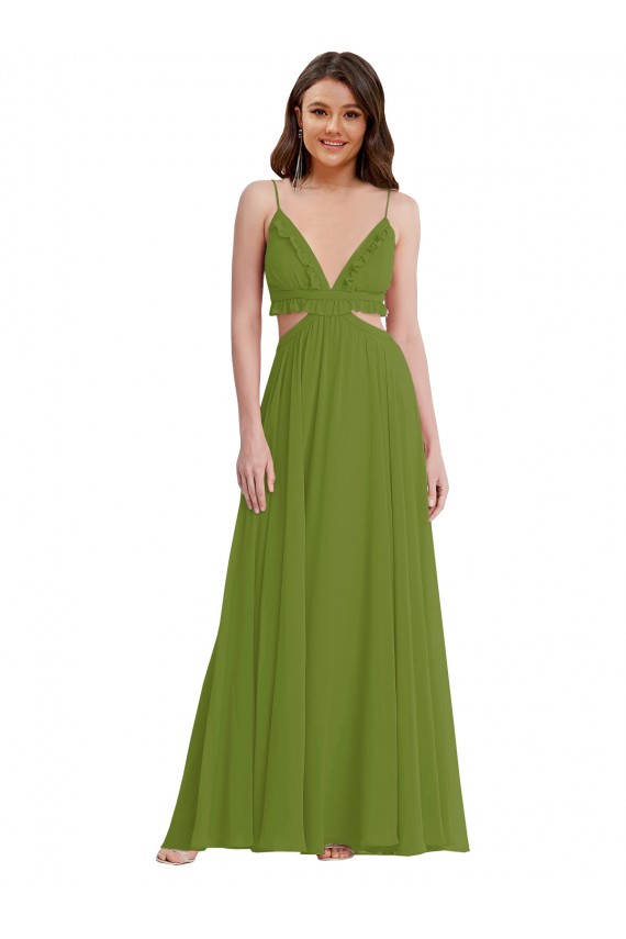 Mejores Verde Oliva línea A Cuello en V Gasa Largo Vestidos de dama de honor