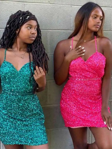 Mejores Verde oscuro Cubierta Cuello en V Corto Lentejuelas Terciopelo Corto Vestidos de fiesta