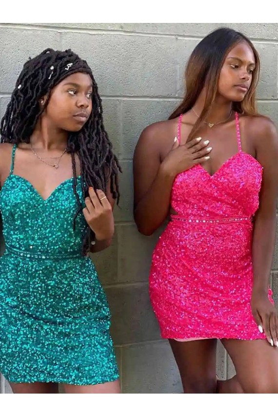 Mejores Verde oscuro Cubierta Cuello en V Corto Lentejuelas Terciopelo Corto Vestidos de fiesta