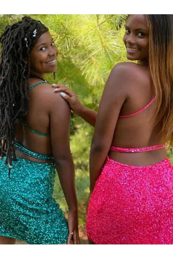 Mejores Verde oscuro Cubierta Cuello en V Corto Lentejuelas Terciopelo Corto Vestidos de fiesta