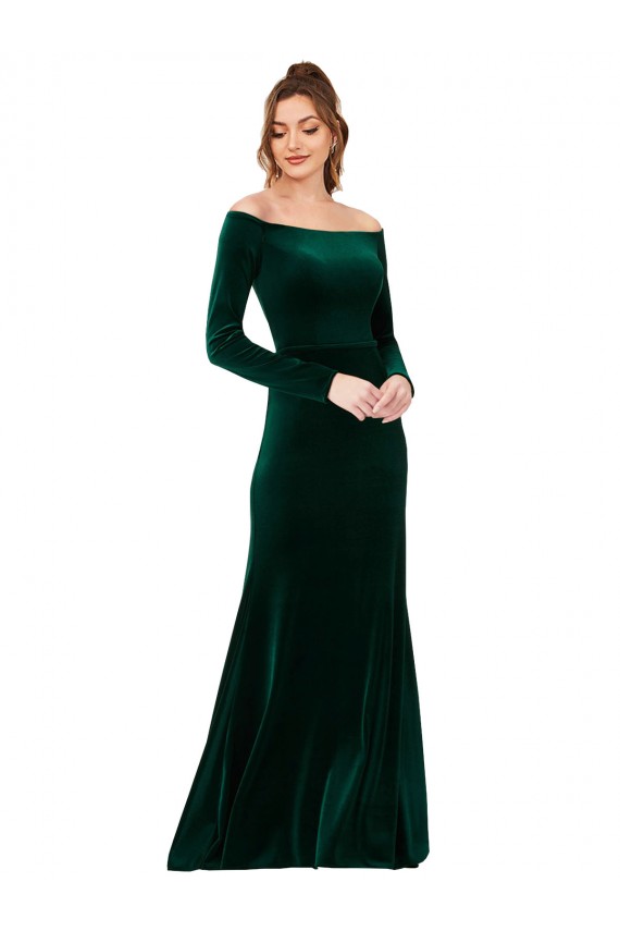 Mejores Verde oscuro Cubierta Hombros Descubiertos Terciopelo Elástico Largo Formales Vestidos de dama de honor / Vestidos de fiesta