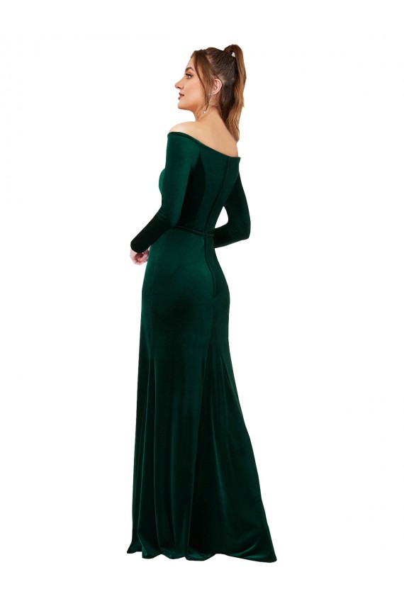 Mejores Verde oscuro Cubierta Hombros Descubiertos Terciopelo Elástico Largo Formales Vestidos de dama de honor / Vestidos de fiesta