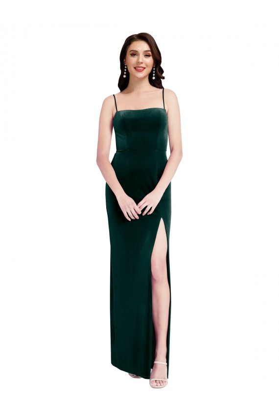 Mejores Verde oscuro Cubierta Tirantes espagueti Cuadrado Terciopelo Elástico Largo Vestidos de dama de honor / Vestidos de fiesta