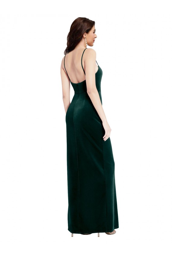 Mejores Verde oscuro Cubierta Tirantes espagueti Cuadrado Terciopelo Elástico Largo Vestidos de dama de honor / Vestidos de fiesta