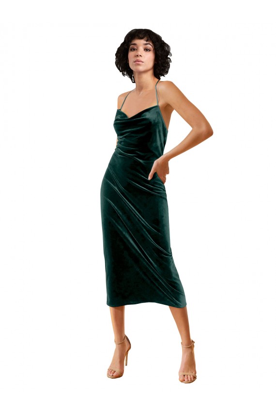 Mejores Verde oscuro Cubierta Tirantes espagueti Midi Terciopelo Elástico Corto Formales Vestidos de dama de honor / Vestidos de fiesta / Vestidos de cóctel