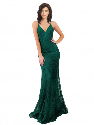 Mejores Verde oscuro Sirena Cuello en V Encaje Largo Vestidos de dama de honor / Vestidos de fiesta