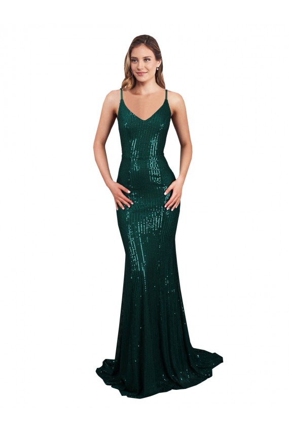 Mejores Verde oscuro Sirena Cuello en V Lentejuela Largo Formales Vestidos de dama de honor / Vestidos de fiesta