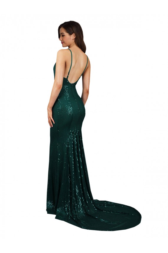 Mejores Verde oscuro Sirena Cuello en V Lentejuela Largo Formales Vestidos de dama de honor / Vestidos de fiesta