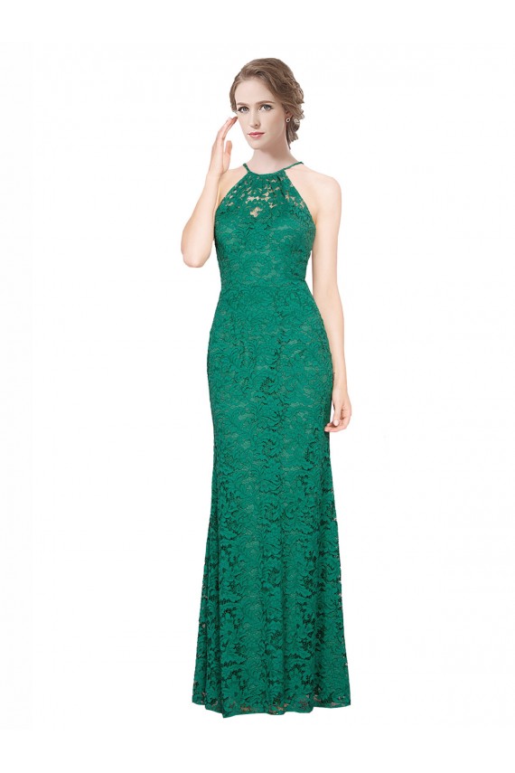Mejores Verde oscuro Sirena Halter Cuello Alto Encaje Largo Vestidos de dama de honor / Vestidos de fiesta